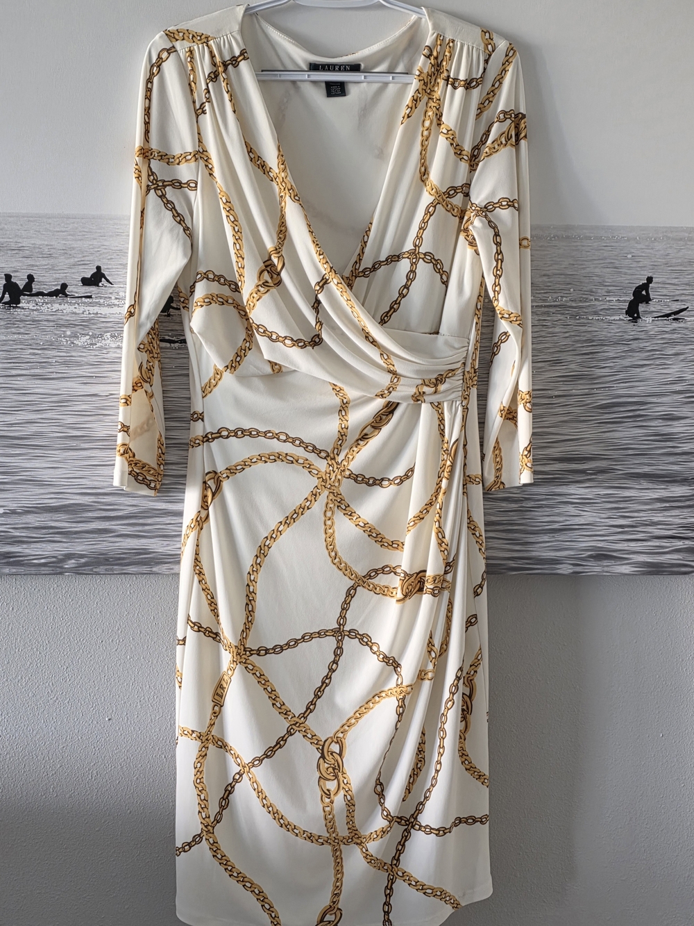 Ralph Lauren Cream Wrap Dress with Gold Chain Print